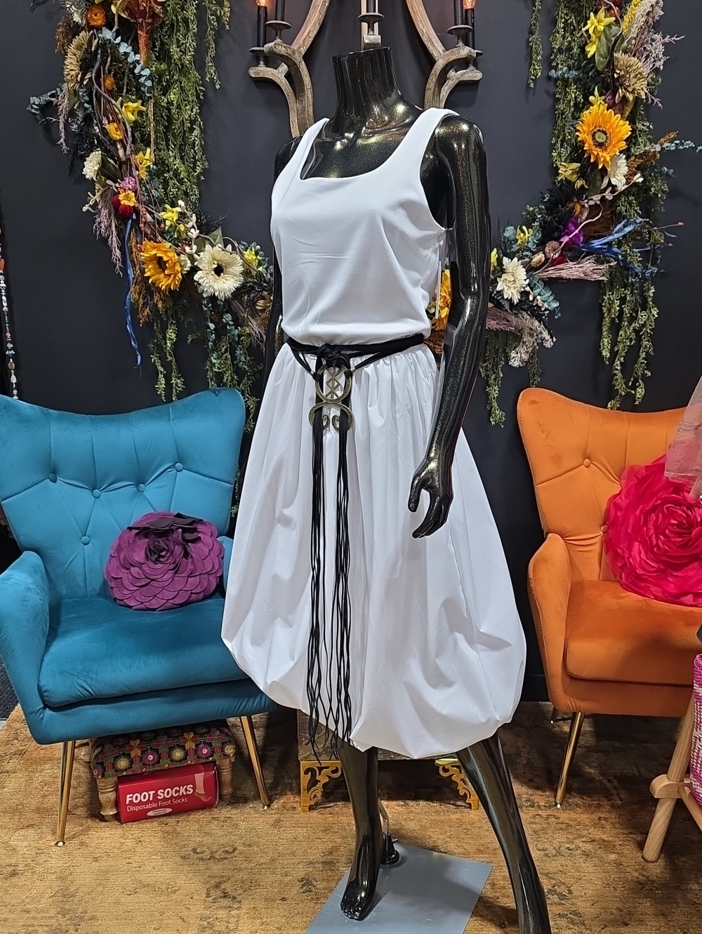 Classic White Midi Bubble Skirt Dress with Decorative Belt!!